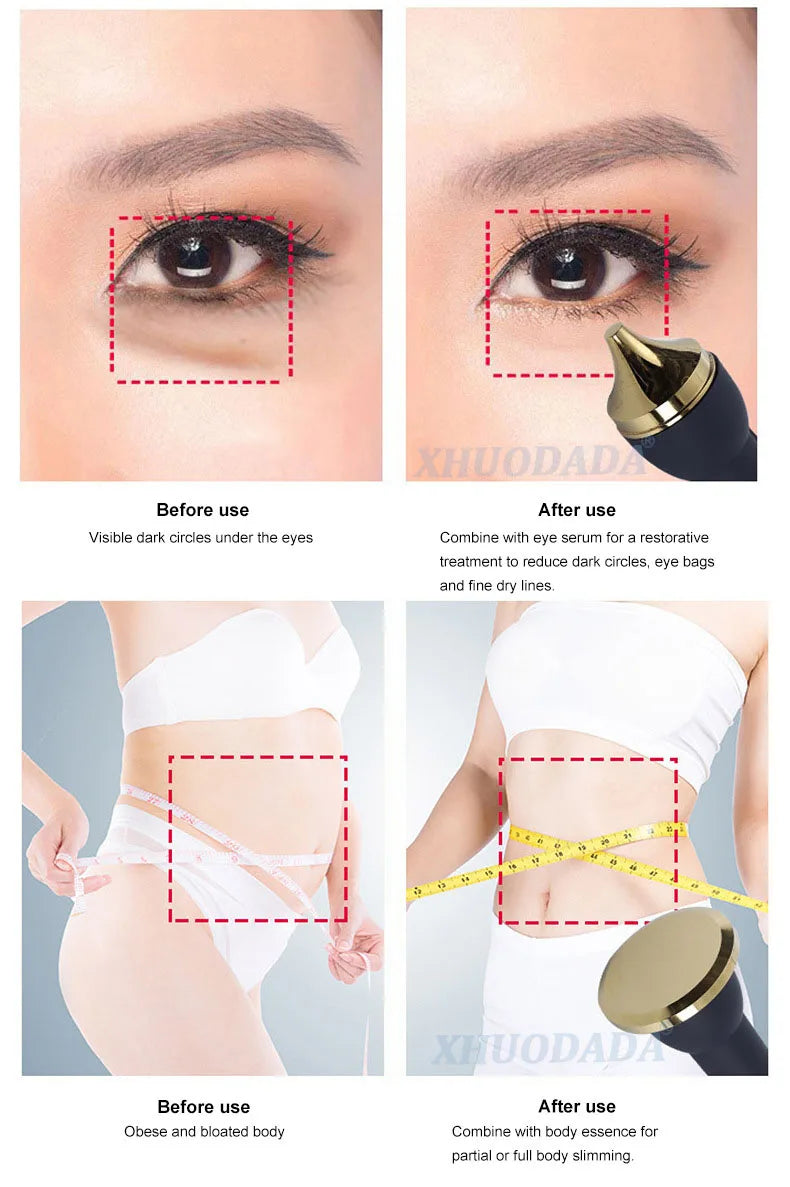3-in-1 ultrasonic facial device for anti-aging, dark circle reduction, and body slimming with gold-tipped applicator.