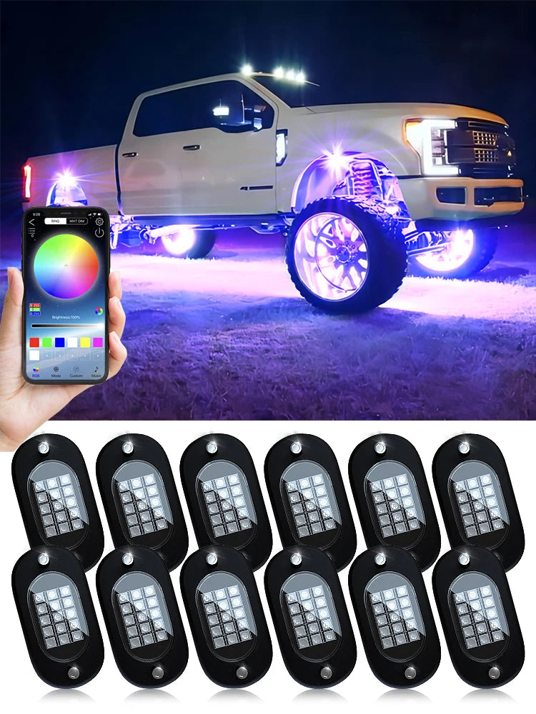 RGB LED Rock Lights for Trucks - App Controlled Neon Underglow Kit 12 pods Tidesmit