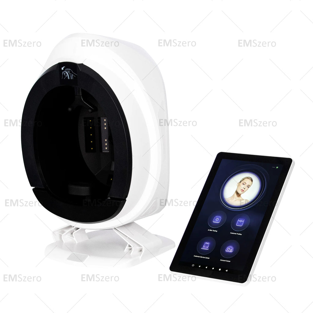 White smart facial skin analysis machine with tablet screen for AI beauty assessment and anti-aging skin scanning.