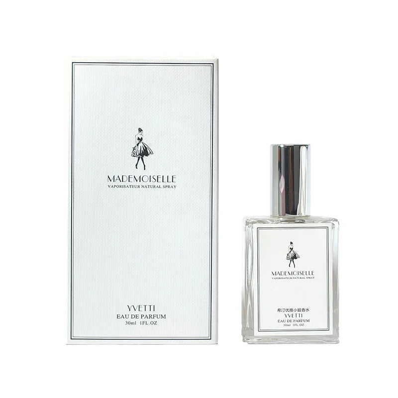 Yvetti Mademoiselle EDP: Elegant floral fruity women's perfume in a rectangular glass bottle with minimalist box.