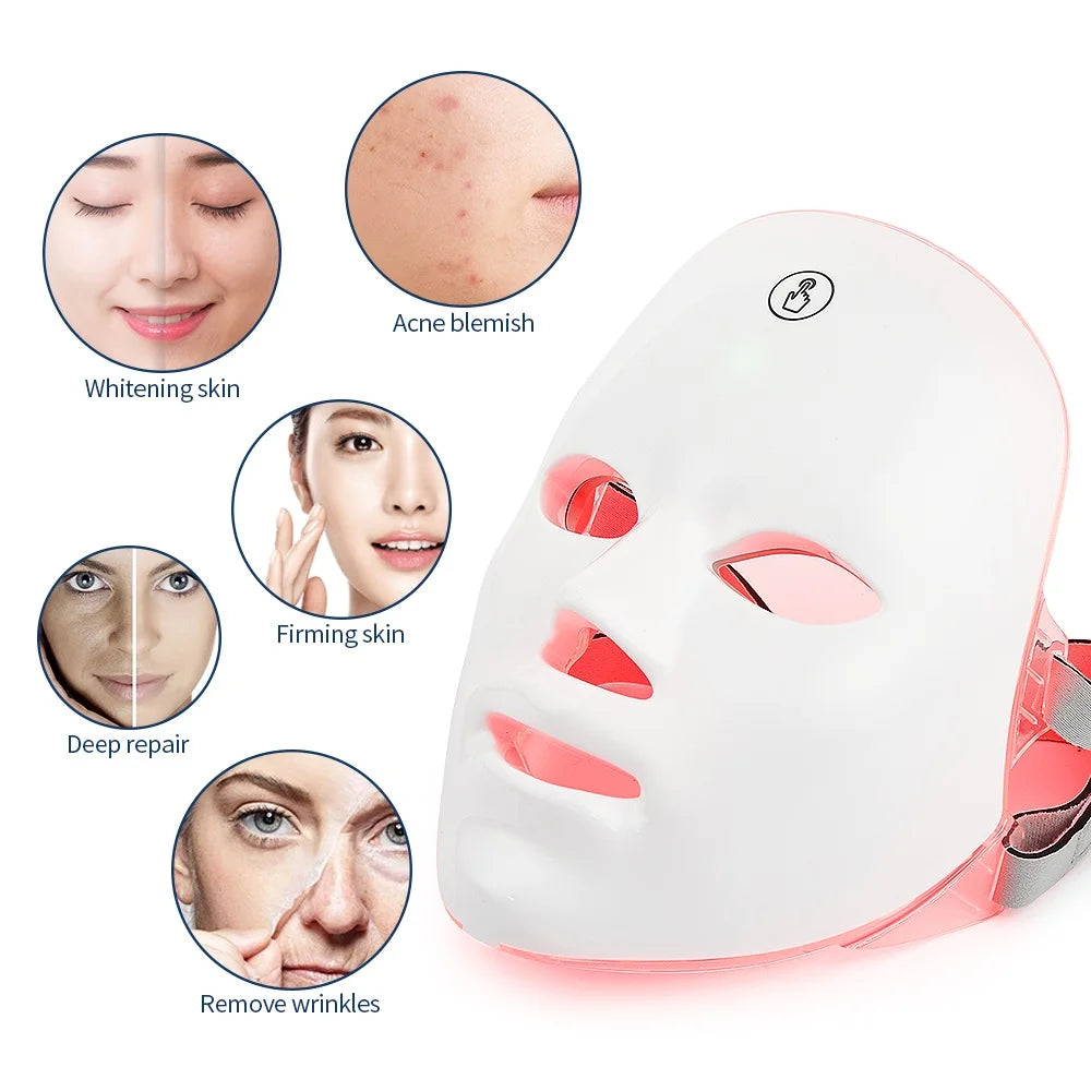 White LED light therapy facial mask with adjustable strap for skin rejuvenation, acne, and wrinkle treatment.