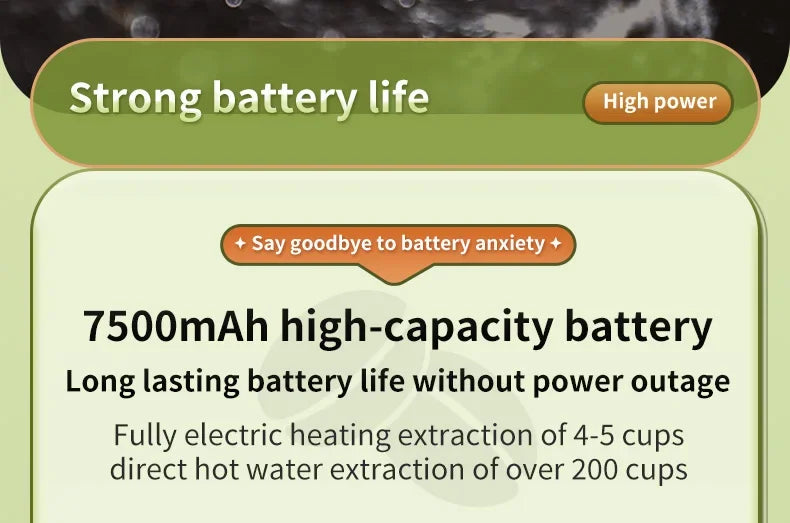 Portable electric coffee maker with 7500mAh high-capacity battery for 4-5 cups of heating extraction.