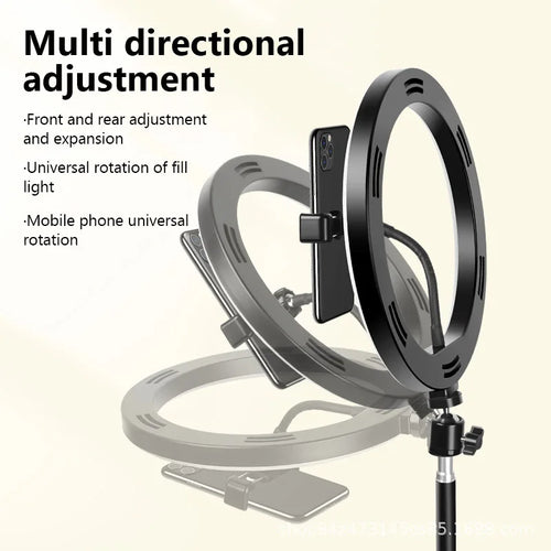 Black adjustable LED ring light on a stand with a phone mount for flexible positioning and multi-angle content creation.