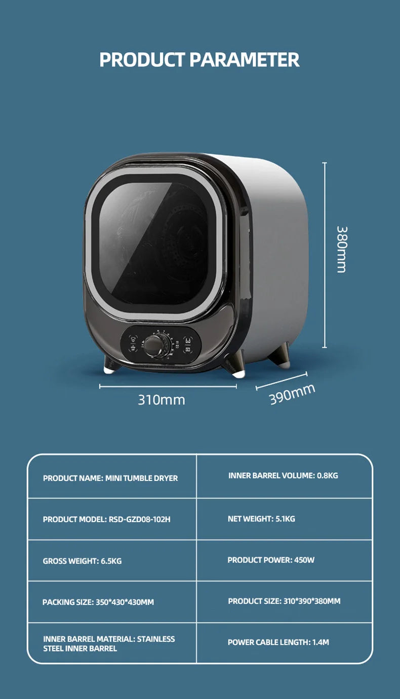 Tidesmit portable electric clothes dryer with smart UV sterilization for compact laundry and travel, side angle view