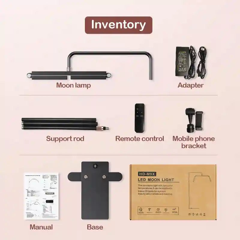 LED moon light kit components: lamp head, support rod, base, power adapter, remote, phone holder, and manual.