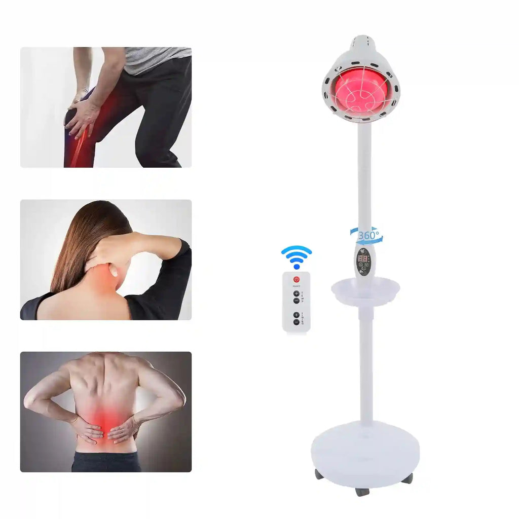 275W infrared heat therapy lamp with adjustable floor stand, remote control, and timer for muscle pain relief.