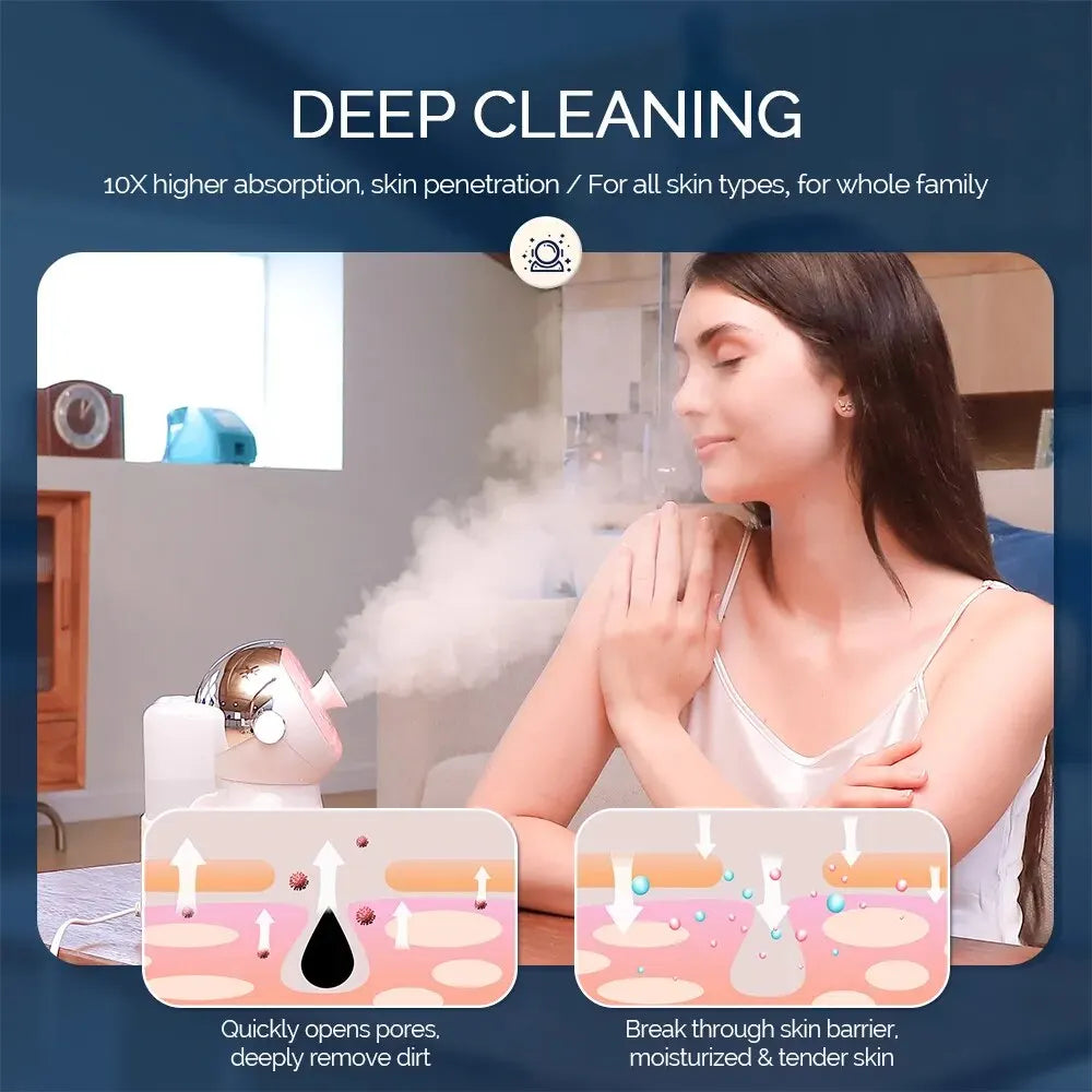 Woman using a white and pink nano ionic facial steamer for deep pore cleaning and skin hydration at home.