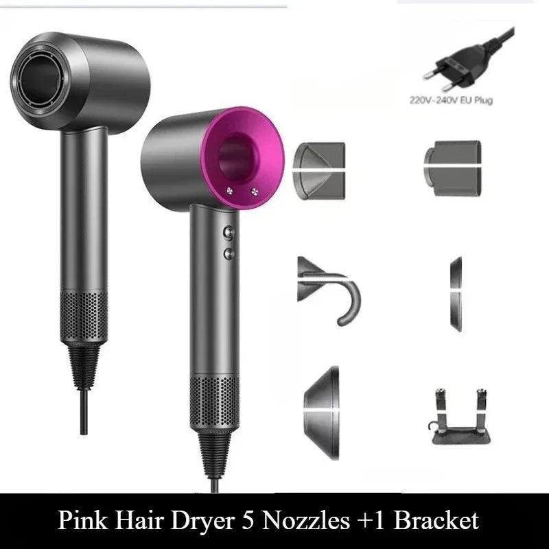 Grey and pink leafless hair dryer with negative ion tech, 5 styling nozzles, and wall mount bracket. Salon professional.