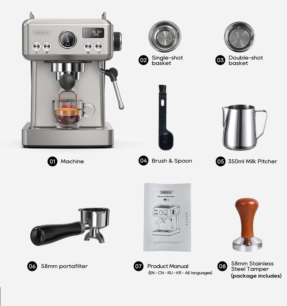 HiBREW stainless steel espresso machine set with 58mm portafilter, 350ml milk pitcher, and tamper accessories.