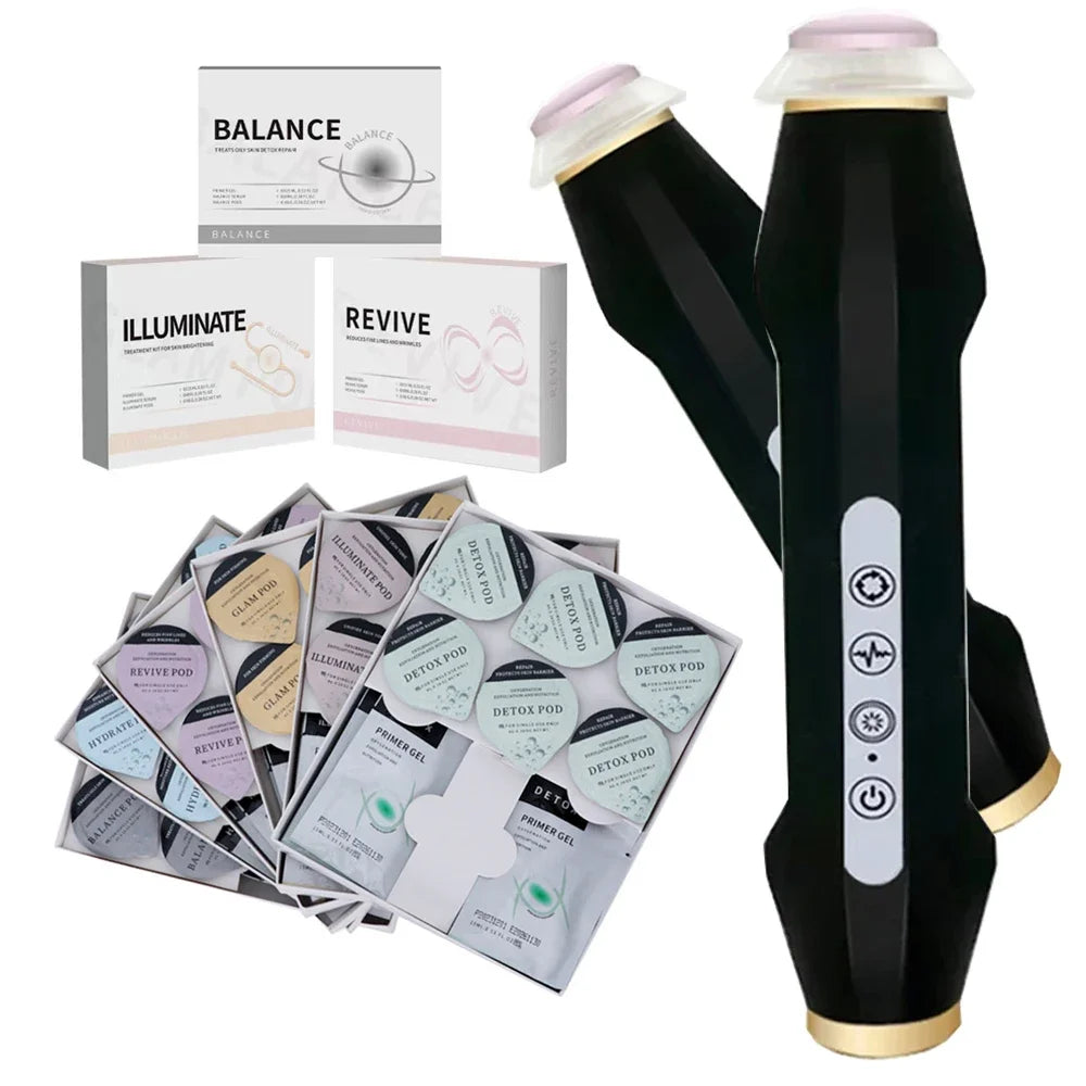 Black oxygen jet facial massage device with serum pods for CO2 bubble skin exfoliation and rejuvenation treatment.