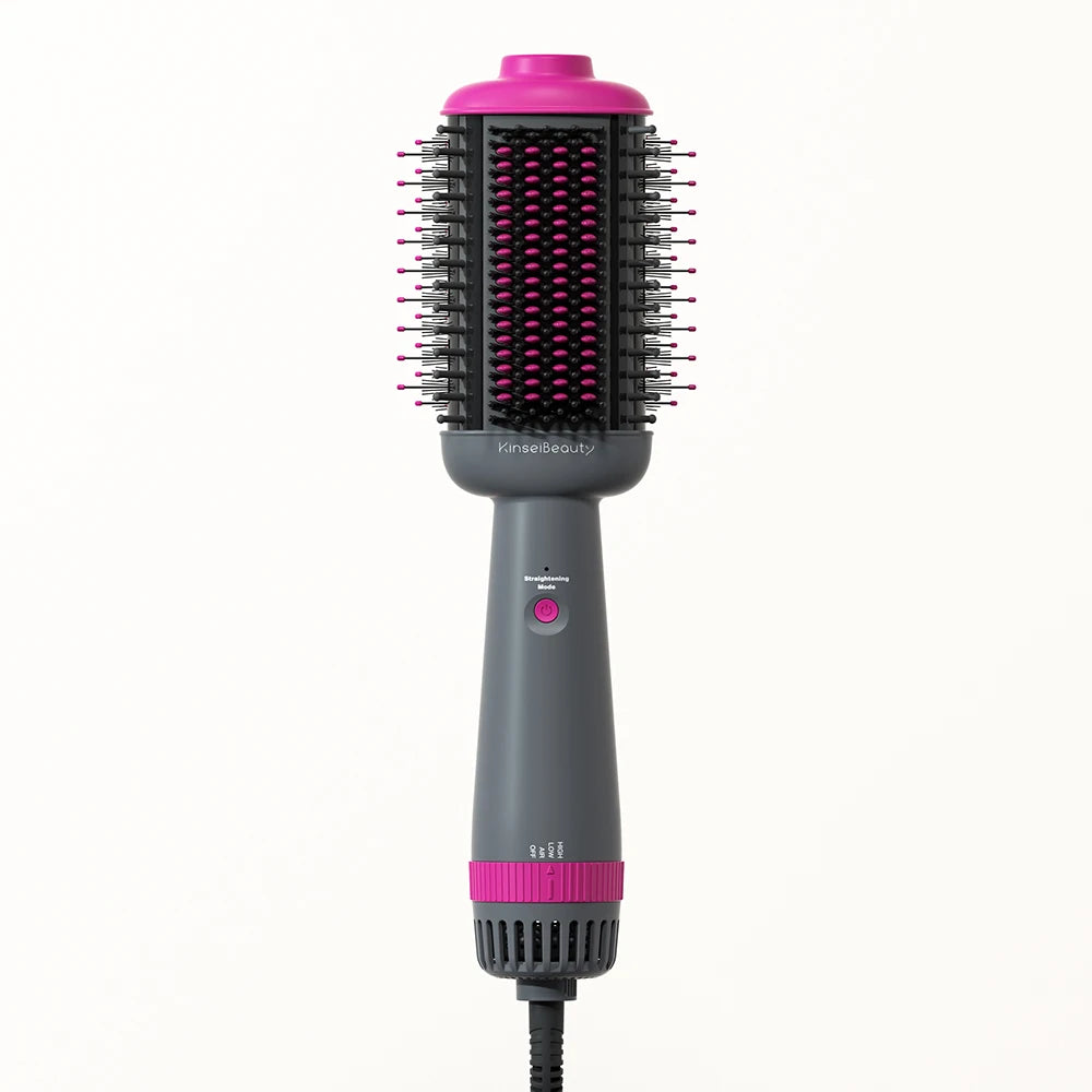 Kinseibeauty 3-speed hot air brush, gray and pink hair dryer styler with straightening comb and round brush design.