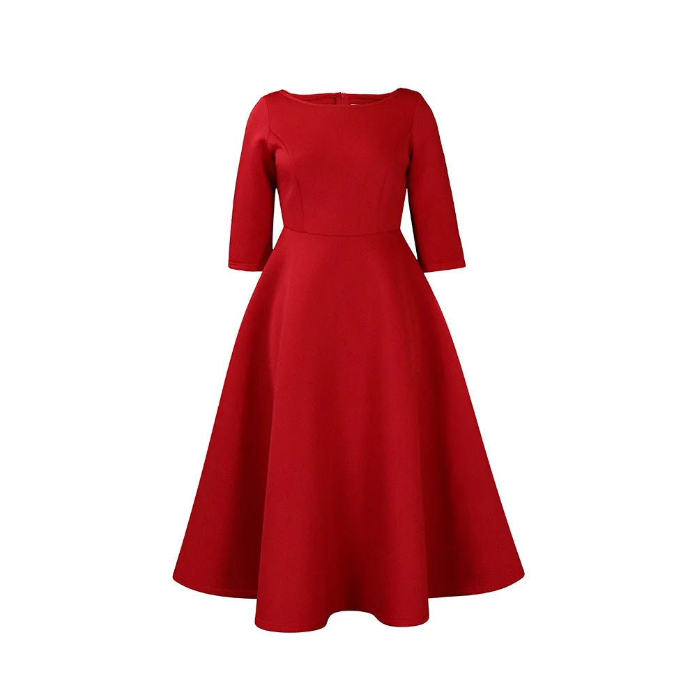 Elegant Pure Color Maxi Dress Evening Gown A- Line Skirt Polyester Fabric round Neck Short Sleeve High Waist Midi Dress