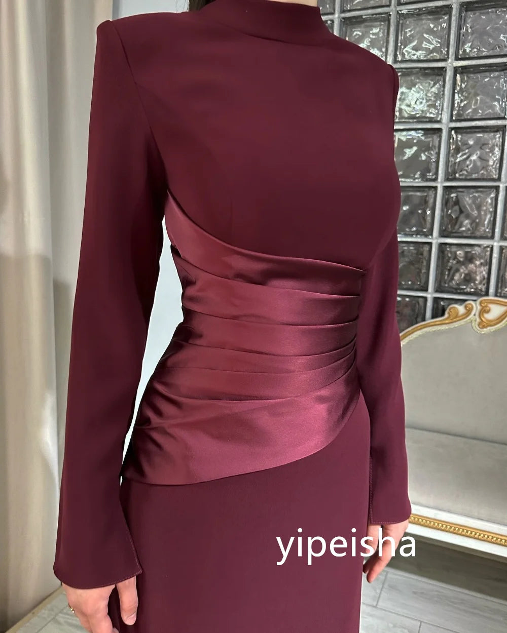 Customized Formal Jersey Pleat Straight High Collar Long Dresses Prom   Quality Chinese Style Fashion Simple Classic