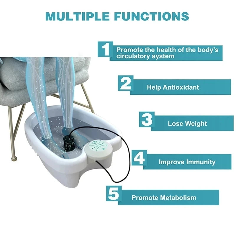 Ionic detox foot spa bath machine with ion array for home health therapy, featuring white basin and control panel.