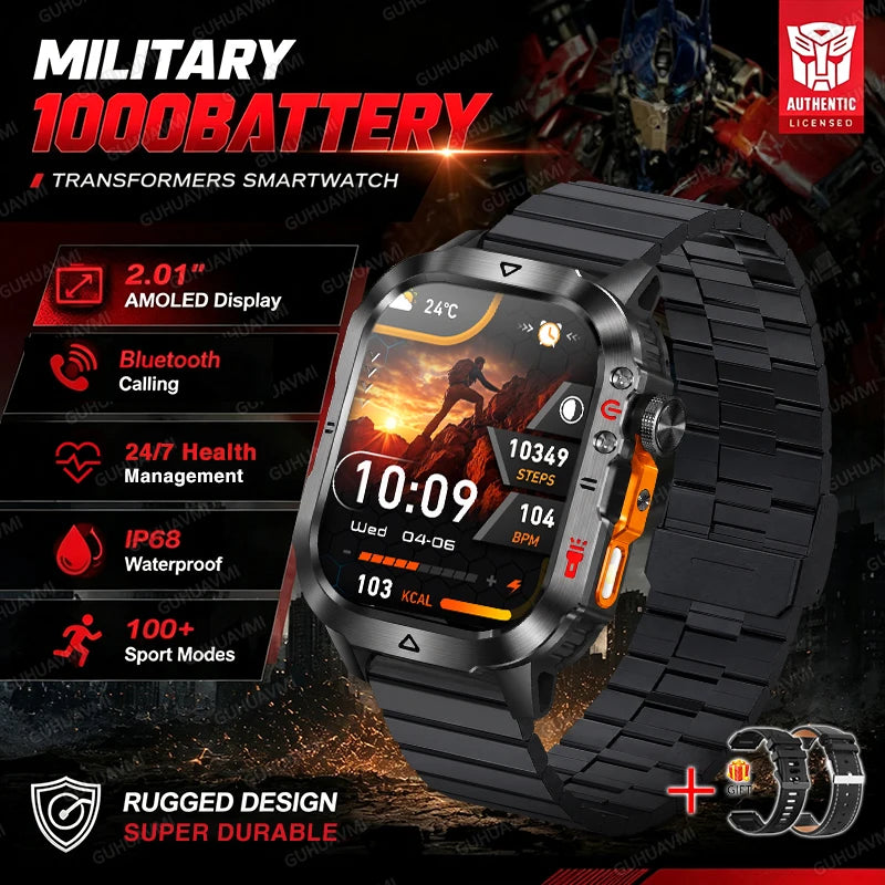 Official Transformers Men Military Smartwatch 1000mAh Big Battery 2.01" HD AMOLED Display Bluetooth Call Waterproof Smart Watch