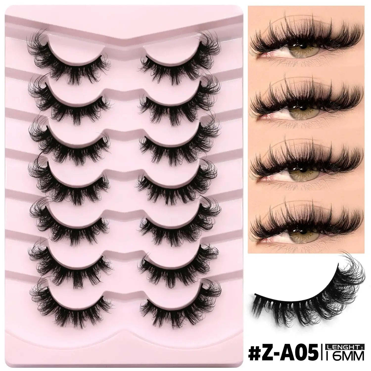 Five pairs of black, fluffy 3D mink cat-eye lashes on a pink tray, shown applied on eyelids for a wispy, volume effect.