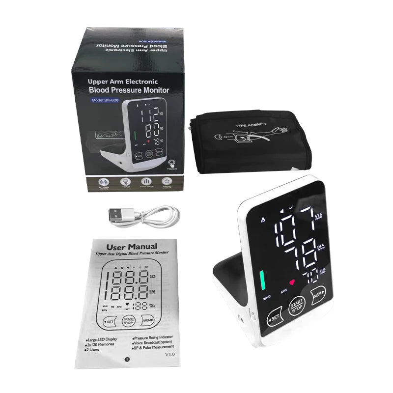 English/Spanish Voice Large Display Screen Rechargeable Automatic Tonometer Arm Blood Pressure Monitor Digital Tensiometer