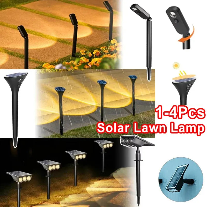 Black waterproof solar landscape lights with adjustable heads, illuminating a walkway and lawn.