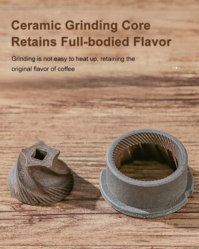 Grey ceramic conical burr set for coffee grinder to preserve flavor with durable non-heating grinding core.