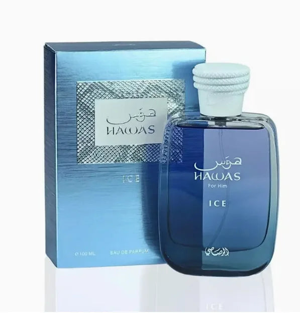 Rasasi Hawas Ice for Him EDP 100ml: Blue glass bottle with white cap, luxury men’s eau de parfum, premium fresh scent.