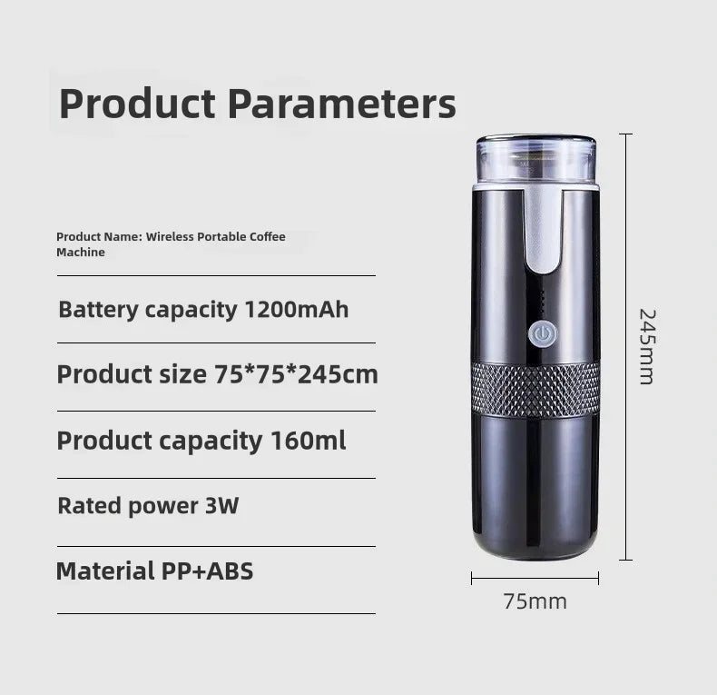 Black wireless portable coffee machine, 160ml capacity, 245mm tall, made of durable PP and ABS plastic.