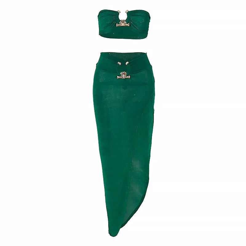 Velvet Sexy Strapless Crop Tube Top High Waist Slit Maxi Dress 2 Pcs Suits 2024 Fall Women Fashion Streetwear Vestido
