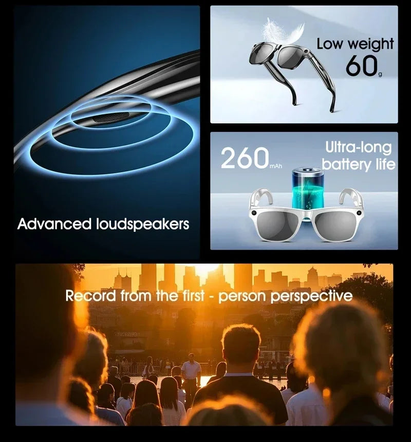 Smart glasses with built-in speakers and camera for POV recording, weighing 60g with a 260mAh battery.