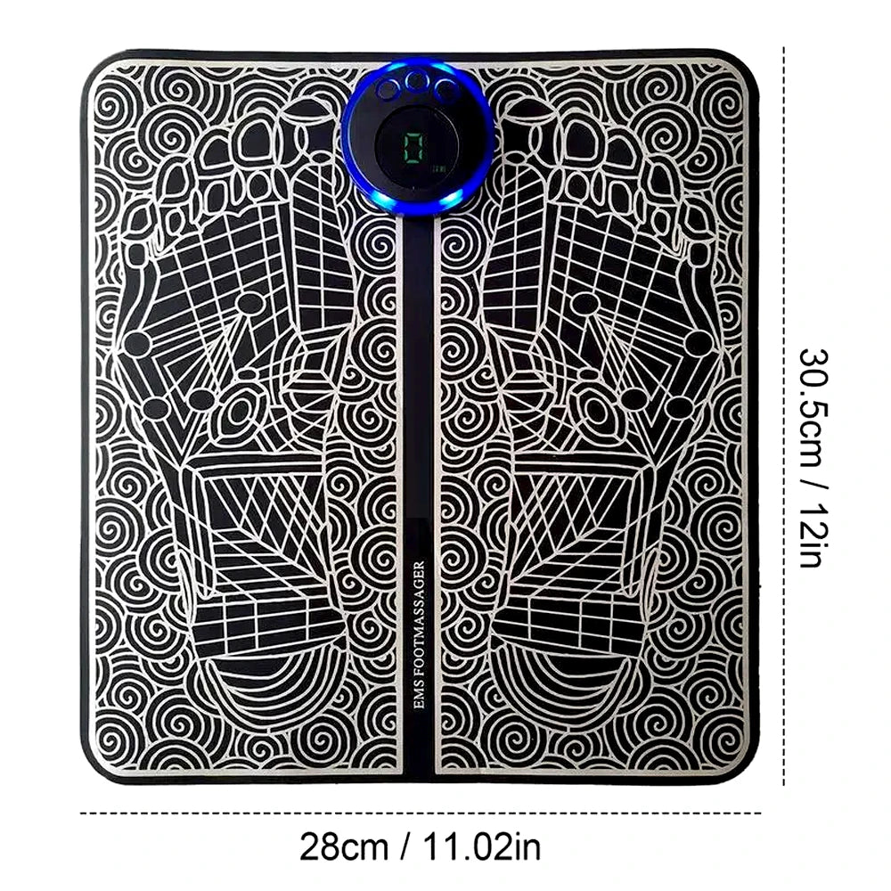 Black EMS foot massage mat with digital display, scroll patterns, and rechargeable design for sore foot relief.