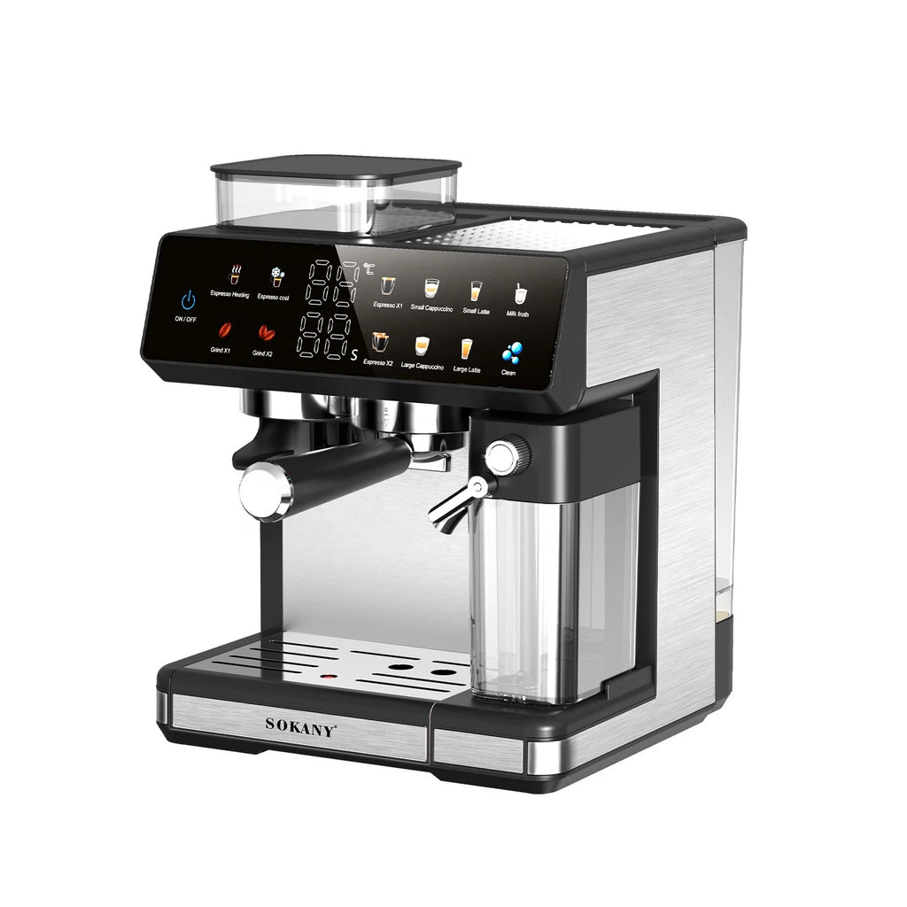Sokany stainless steel espresso machine with digital touchscreen, integrated grinder, and automatic milk frother.