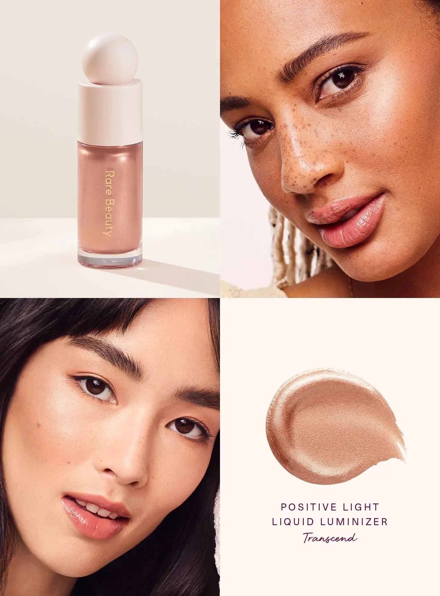 Rare Beauty Positive Light Liquid Luminizer in Transcend, a shimmering rose-gold liquid highlighter and lip makeup.