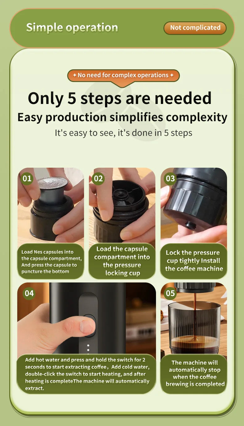 Portable black capsule coffee maker, 5-step brewing guide for Nespresso compatible pods, compact electric design.