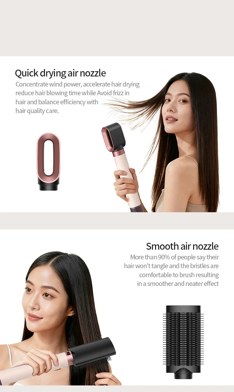 6-in-1 ionic hair styler featuring a rose gold blow dryer and smooth brush attachment for frizz-free professional styling.