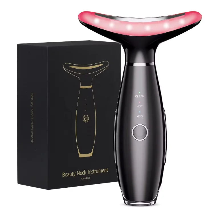 Black handheld neck massage device with a curved LED light head and settings for cleaning, heat, and massage.