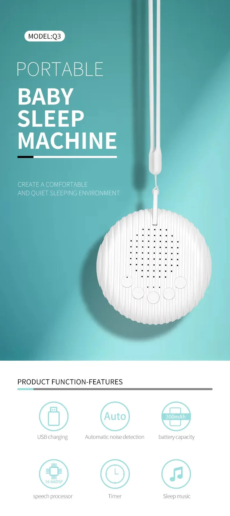 Baby White Noise Machine 10 Soothing Sounds Volume Adjustable Portable Baby Sleep Machine Built-in Rechargeable Battery USB Hot