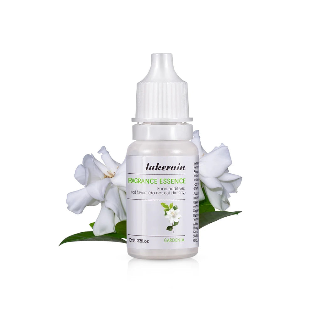 10ml Lakerain Gardenia fragrance oil bottle for DIY lip gloss, soap making, and cosmetics with white flower accents.