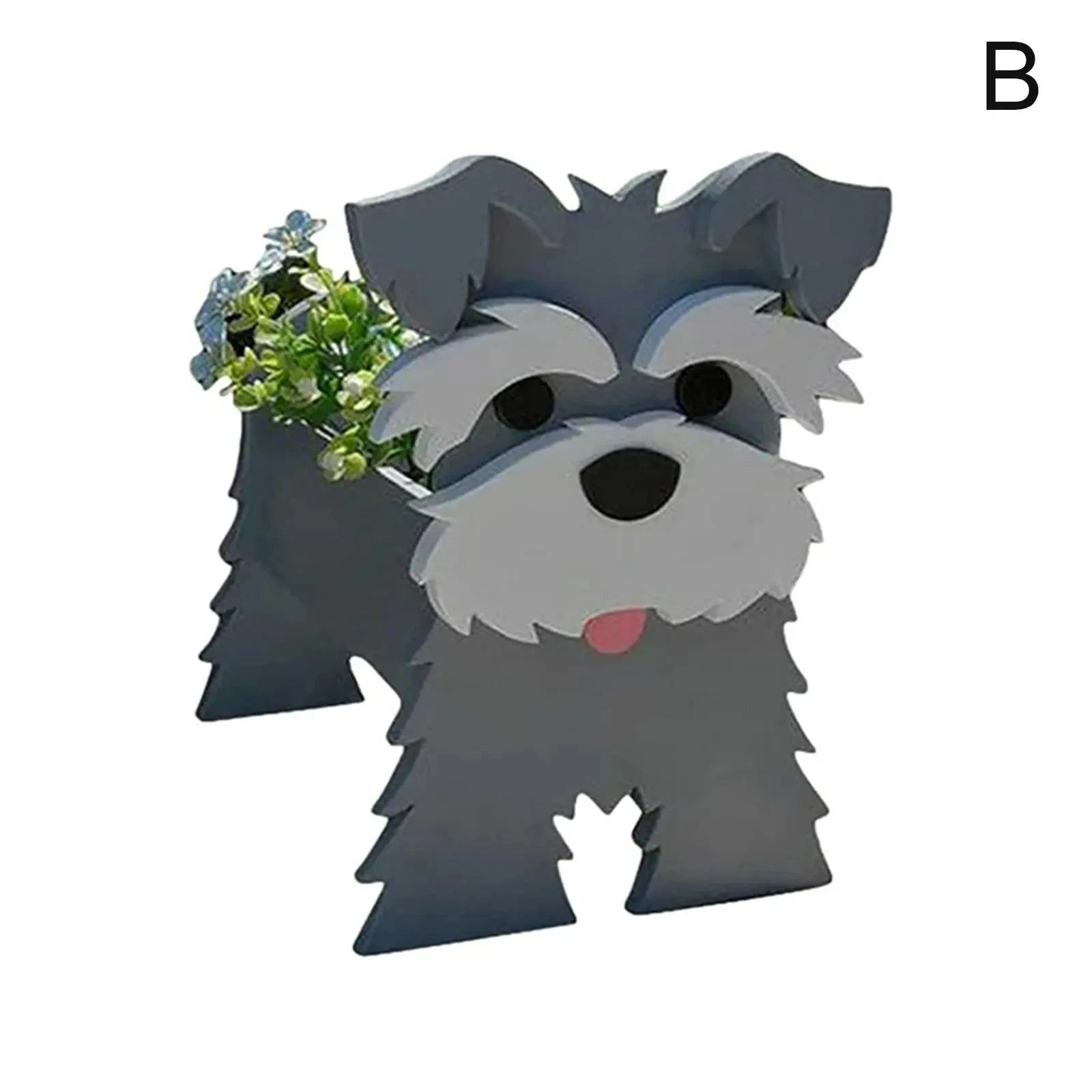 Gray and white PVC Schnauzer dog flower planter with a small green plant insert, shaped as a cute standing pet figure.
