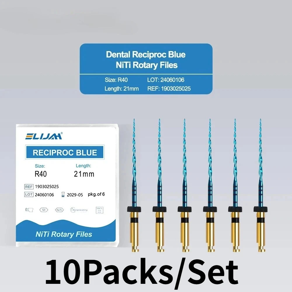 SYJH 10-pack blue NiTi dental reciprocating rotary endodontic files for root canal treatment. 21mm R40 engine files.