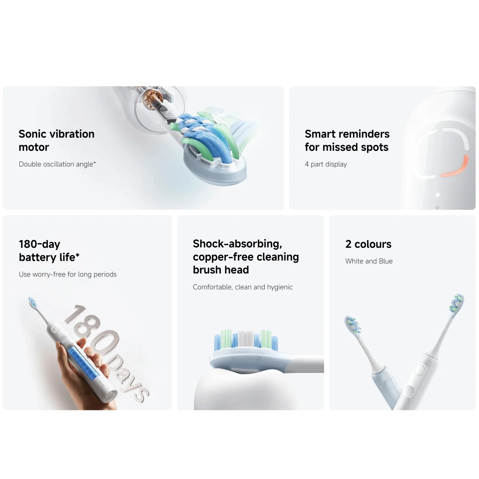 Xiaomi Oscillation Electric Toothbrush EU, Sonic Vibration Motor 2 Colours Shock-absorbing Copper-free Cleaning Brush Head 180-day Battery Life