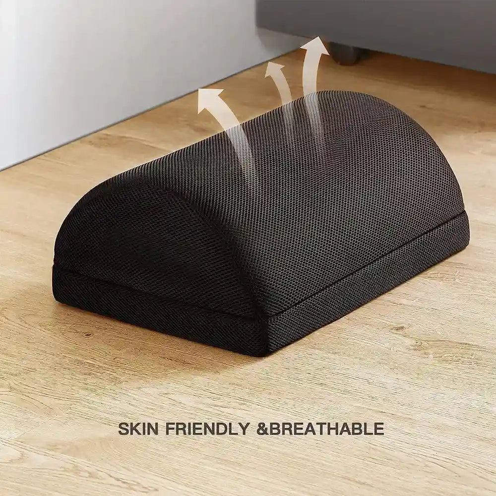 Black breathable memory foam under desk foot rest for office and gaming chair, ergonomic pain relief foot stool.