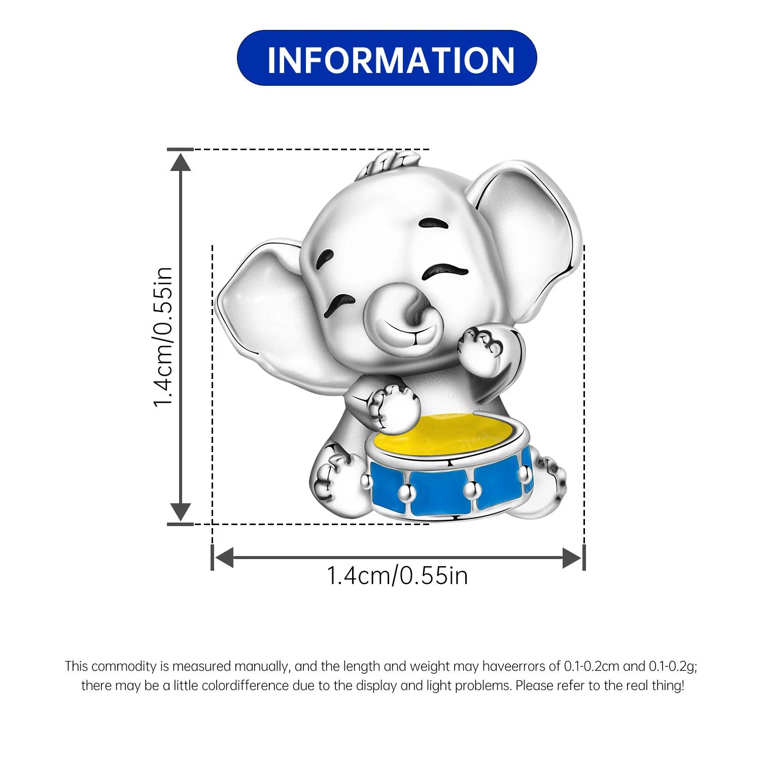925 sterling silver elephant bead charm with blue drum for DIY bracelets, 1.4cm cute animal jewelry gift.