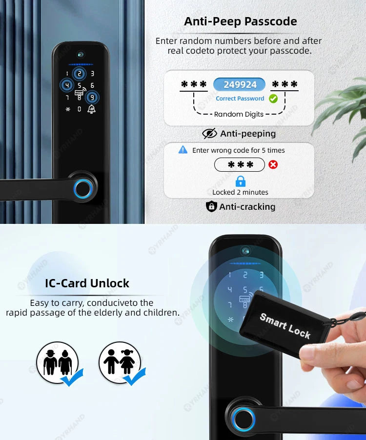 Tuya Wifi Smart Lock Electronic Digital Lock Featuring Biometric Fingerprint Recognition Camera Smart Card&Password Key Unlock