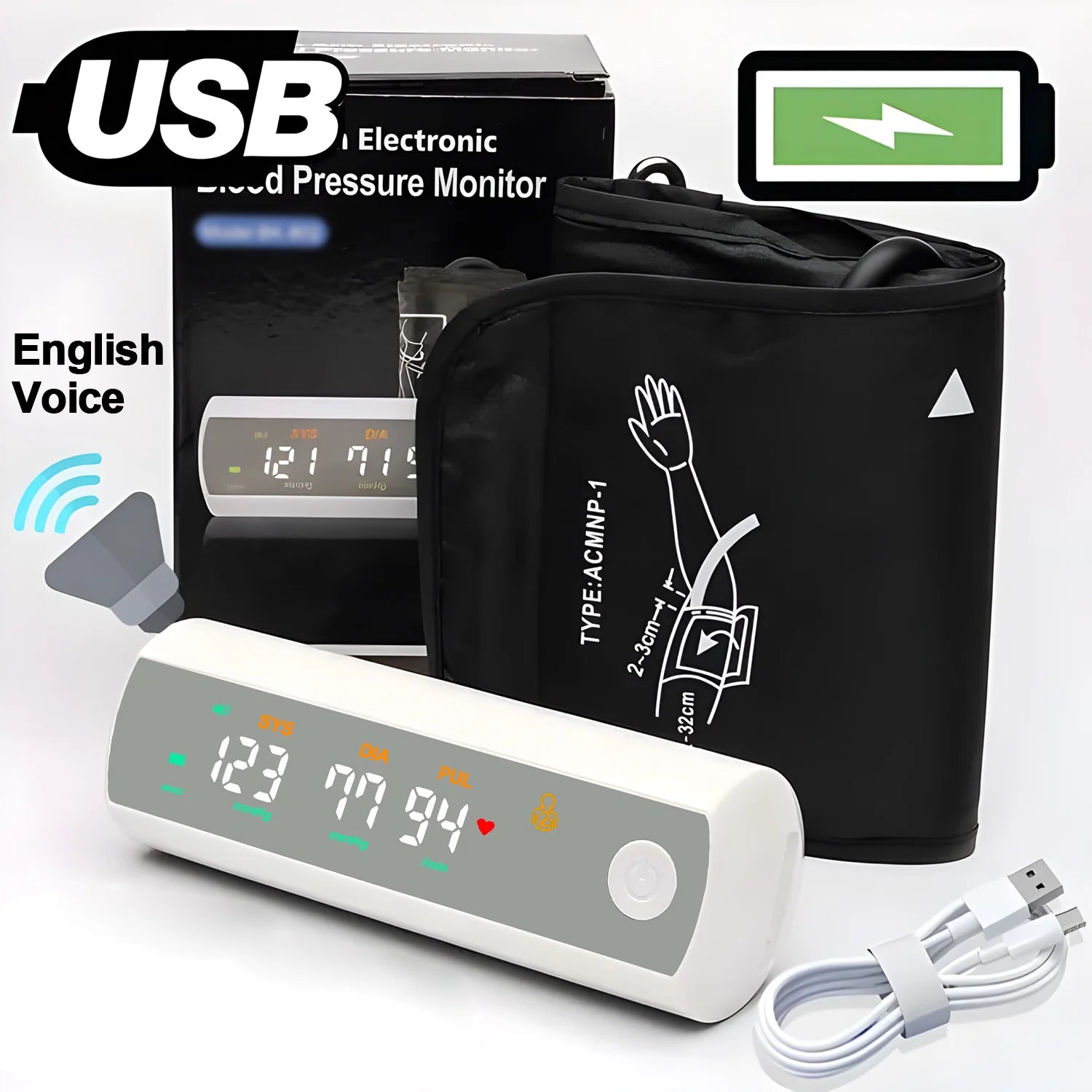 Rechargeable Battery Digitization Russian Voice LCD Large Screen Sphygmomanometer Arm Blood Pressure Monitor Tonometer