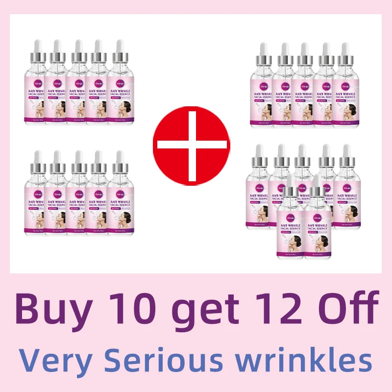 Twelve glass dropper bottles of anti-wrinkle facial essence arranged in groups, separated by a red plus symbol.