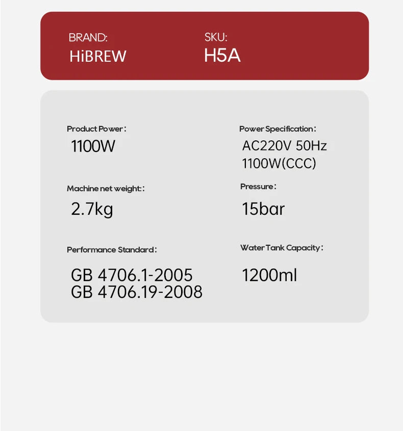 HiBREW H5A coffee maker technical specifications: 1100W power, 15 bar pressure, and 1200ml water tank capacity.