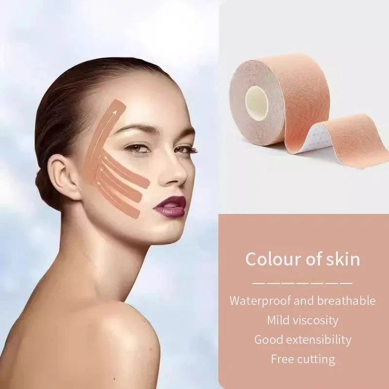 A woman with beige kinesiology face-lifting tape applied to her cheek, alongside a roll of matching skin-tone tape.