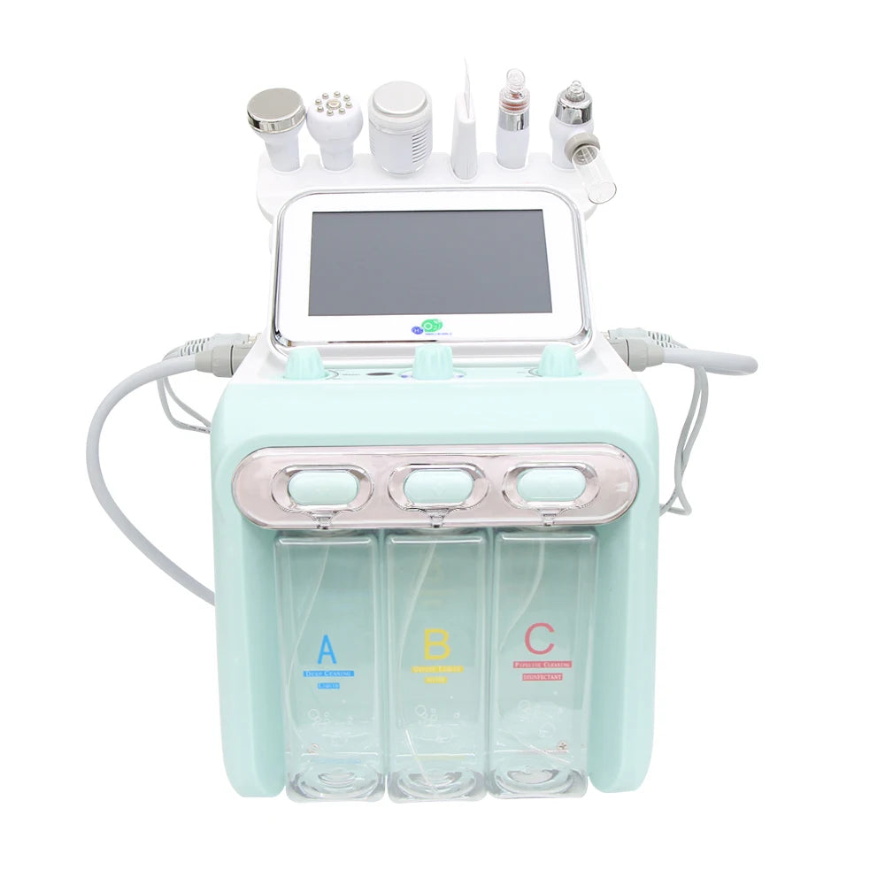 AOKO 7-in-1 aqua hydro dermabrasion facial machine with touchscreen, probe stand, and three solution bottles.