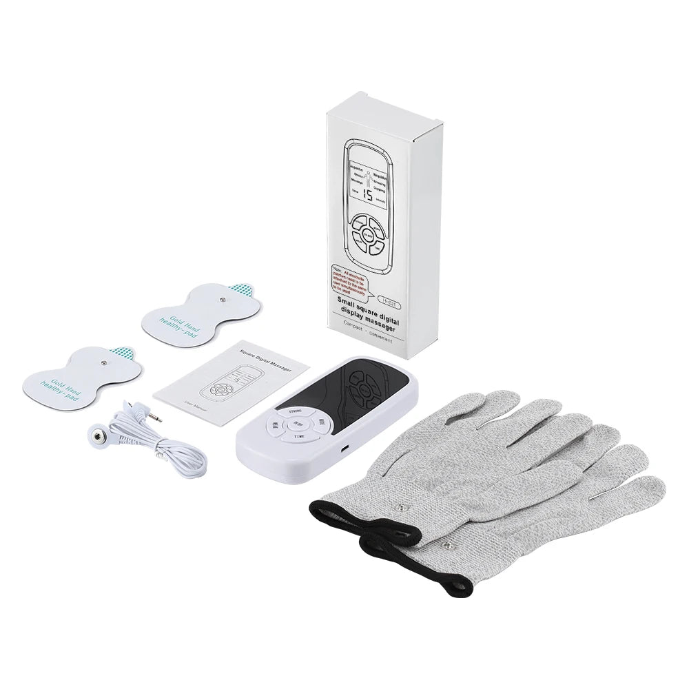 Digital tens massager kit with white control unit, conductive grey gloves, two electrode pads, cable, and user manual.