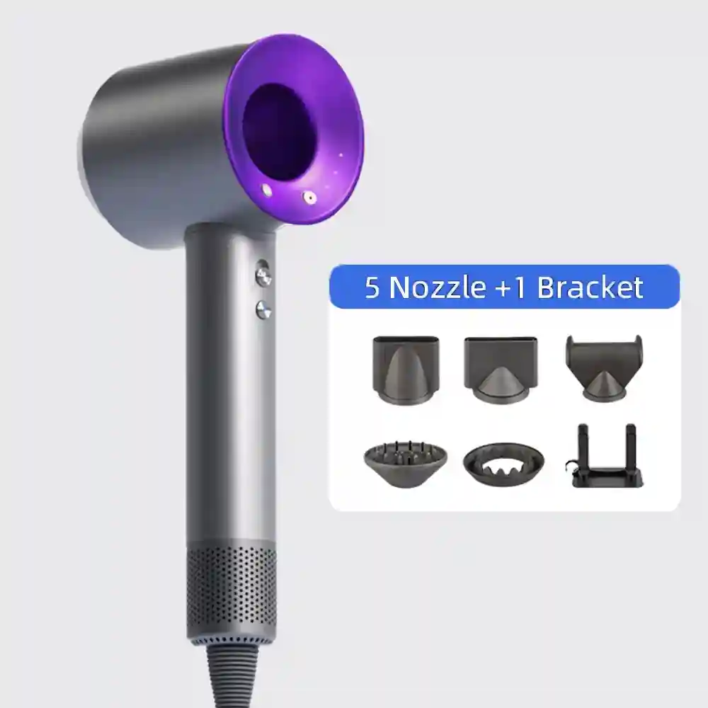 Grey and purple high-speed bladeless hair dryer with 5 magnetic nozzles and storage bracket for fast drying.