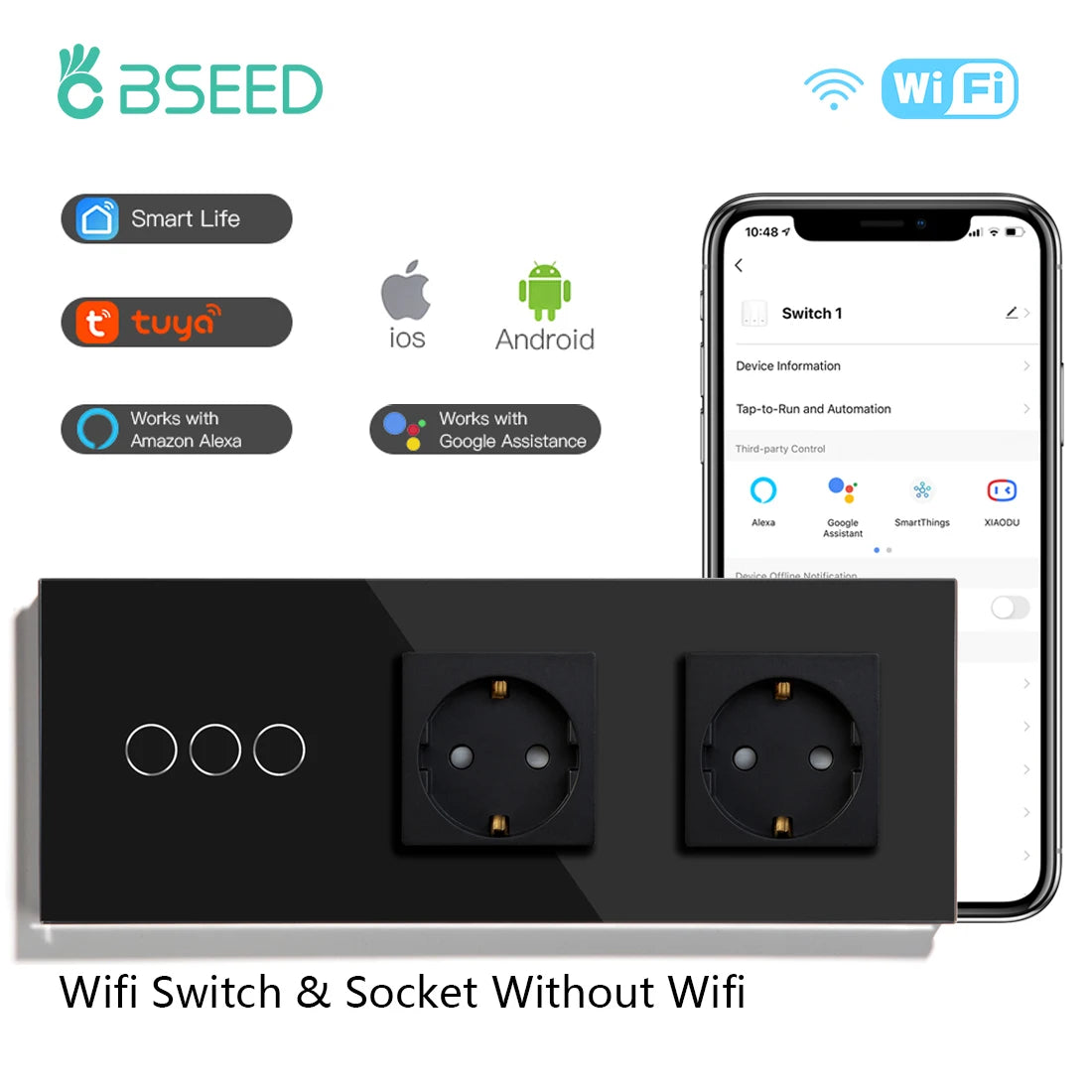 Wifi Smart Light Switch | 1-3 Gang Touch Control | Alexa & Google Compatible 3G Double Socekt EU standard Tidesmit