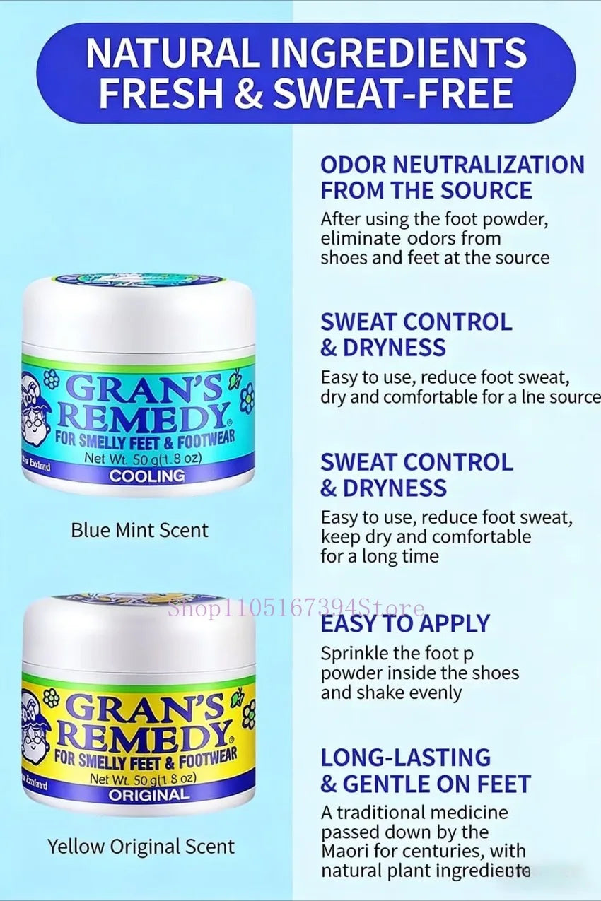 Gran's Remedy foot powder jars in blue mint and yellow original scents for natural shoe odor and sweat control.